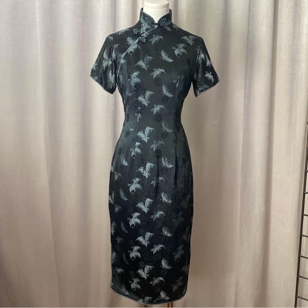 Vintage Blue Metallic Satin Chinese Cheongsam Dress feather XSmall